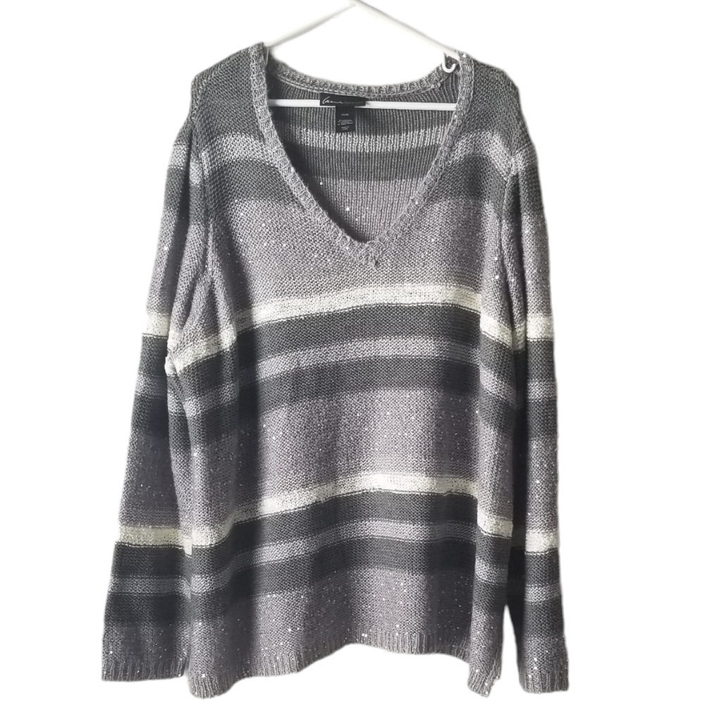 Lane Bryant Gray Cream Stripped Color block Sparkly Knit Sweater Size 26/28